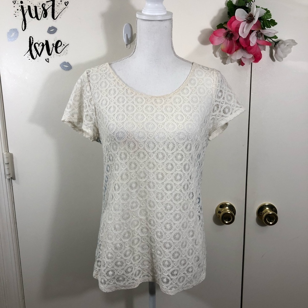 WESTON WEAR SHEER LACE CAP SLEEVE CUTOUT TOP SZ SM
